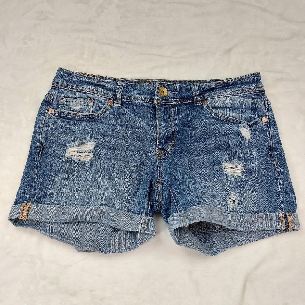 AEROPOSTALE WOMENS BLUE JEAN DISTRESSED DENIM CUT OFF CUFFED BOYFRIEND SHORTS 2